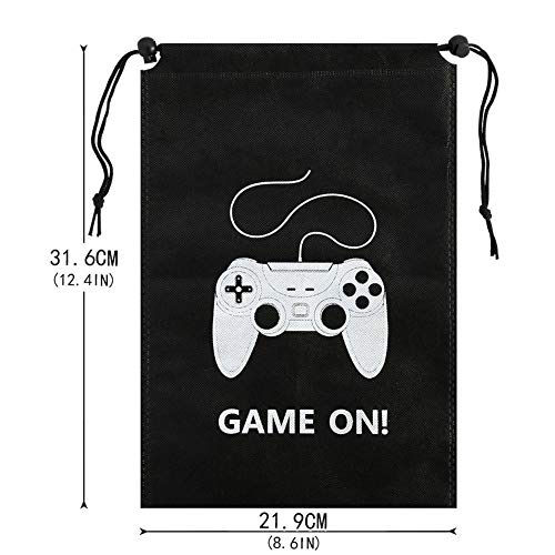 AhlsenL 24 Pack Video Game Bags Black Gaming Party Bags Pattern White Gamepad Two Drawstring with Button Non-Woven Fabrics for Kids Birthday Party