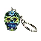 Hand Painted Polyresin Sugar Skull Keychain - Blue