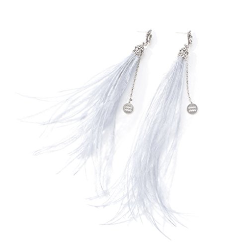 Exaggerated Long Feather Earrings Long Tassel Earrings Personality Big Eardrop Crystal Earrings (White-01)