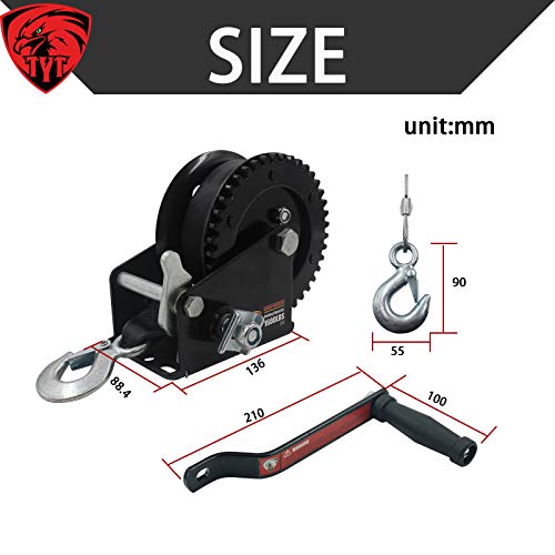 TYT 1600lb Boat Trailer Winch, New Portable Hand Winch with 8M (26 ft) Strap and Strong Hook, Heavy Steel Structure Gear Towing Winch Manual Gear Winch for ATV SUV UTV Winch(All Black) - Image 3