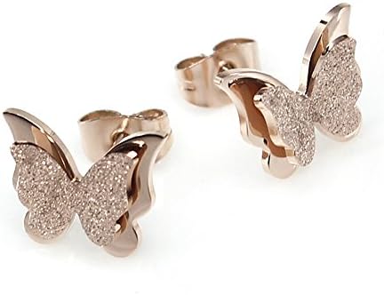 Titanium Stainless Steel-Natural Shell Anti-Allergy Stud Earrings Matte Finish Butterfly Shaped Earrings Rose-Golden Plated Color Fading Proof