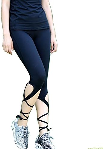 Eshtanga Women Legging Cutout Tie Cuff Slim Yoga Pants Jogger moisture absorption and perspiration Workout Tights (L, Black)