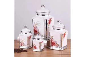 4-Piece Floral Ceramic Canister Set with Silver Trim | Decorative Kitchen Storage Jars