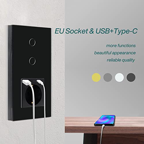 BSEED WiFi Smart Switch, Touch Switches with Glass, Compatible with Alexa, Tuya and Smart Life, Neutral Cable Required, 2 Gang 1 Way + 1 USB/Type C Plug, 157 mm Black