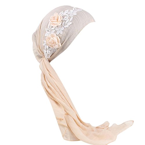 Sunfei Women India Muslim Stretch Retro Floral Cotton Turban Hat Head Scarf Wrap Cap (Beige) - Thumbnail 6