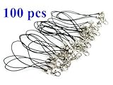 COSMOS ® 100 PCS 3 inches Black Color Cellphone Strap with Silver Color Tone Split Ring and Lobster Clasp