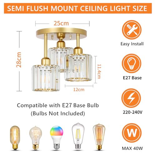 Rayofly Modern Crystal Chandelier, 3 Light Fixture with Glass Shade, Modern Ceiling Light Fixture for Living Room, Bedroom, Kitchen, Hallway, Bathroom (Matte Gold)