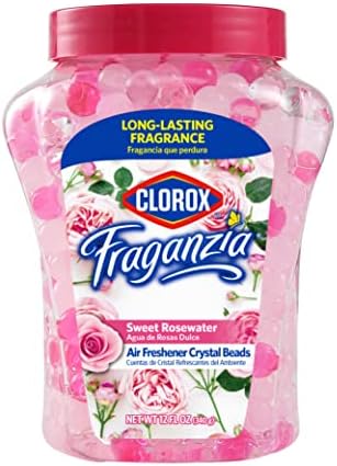 Clorox Fraganzia Crystal Beads Air Freshener, Long Lasting Room Deodorizer and Odor Eliminator Gel Beads to Freshen Home, Car, or Office, Sweet Rosewater Scent, 12 Fl Oz