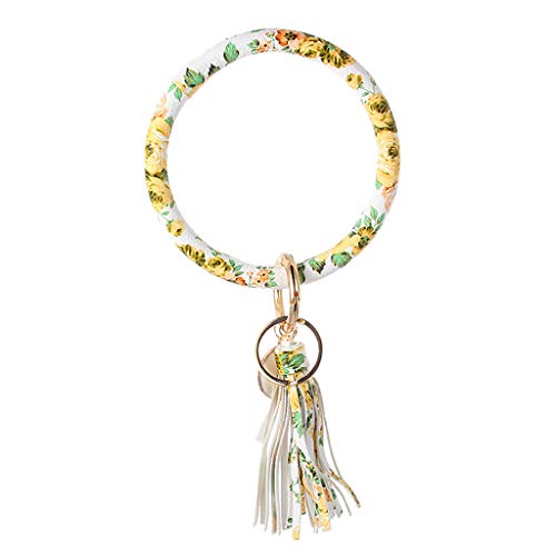 Bracelet Keychain,Crytech Trendy Floral Large Leather Bracelet Key Ring Wirh Threaded Tassel Key Chains Keyring for Women Men Purse Car Keys Handbag Backpack Birthday Gifts (Floral)