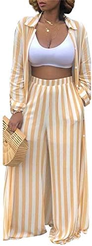 Womens 2 Piece Outfits Striped Open Front Kimono Cardigan Pockets Wide Leg Long Pants Sets