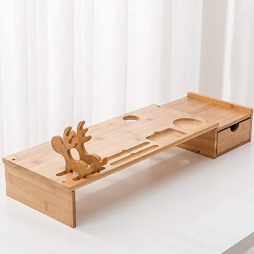Fuhuy Monitor Stand with Drawer, Bamboo Wood Storage Organizer Office Desk, Desk Accessories &,Workspace Organizers for Office Desk 27.3”L X 9”W X3.5”H(Natural Deer)