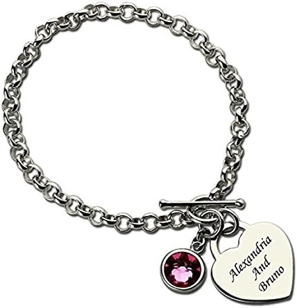 Engraved Names Charm Bracelet Personalized Heart With Birthstone Bracelet Nameplate Bracelet Love Jewelry (gold-plated-base 6.5"(16.5cm)-Average) Golden6.5 inches