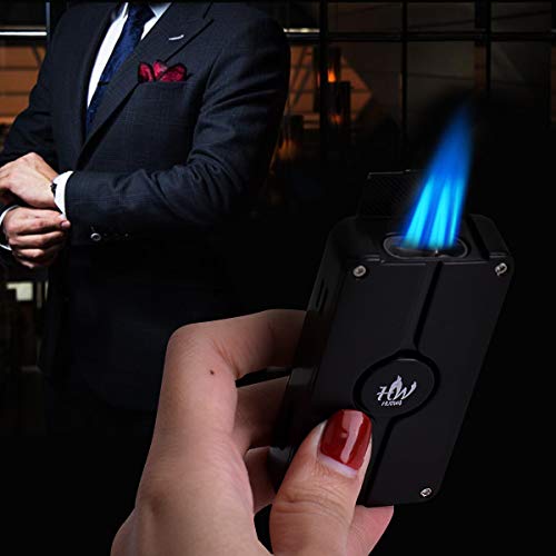 Jet Torch Lighter, 3 Flame Butane Refillable Cigarette Lighter with Visible Gas Tank and Cigar Punch