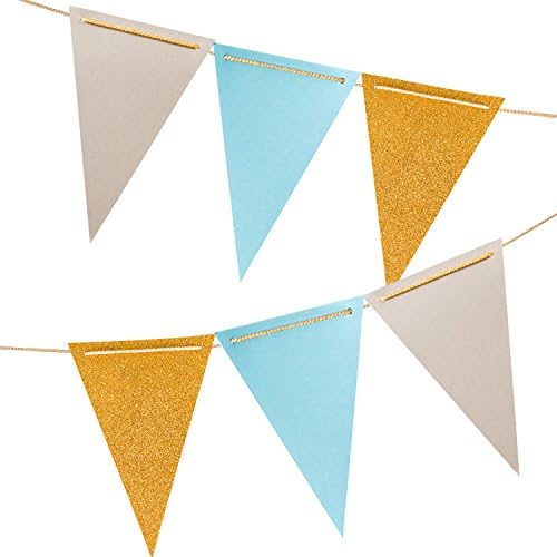 Party Banner, Paper Pennant Banner (10 Feet), Triangle Flags Bunting for Wedding Decor, Nursery Wall Decoration, Birthday, Events & Parties, Bridal Shower (Gold Glitter, Gray, Aqua Blue), 18PCS Flags