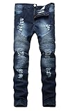 Mens Ripped Slim Fit Straight Denim Jeans Vintage Style with Broken Holes, 30W x 31L, 03 Dark Blue
