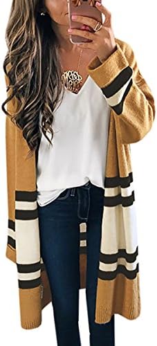 Womens Long Cardigans Yellow Color Block Open Front Long Sleeve Kint Cardigan Sweaters By SUNMMWERY,Yellow,Medium