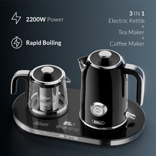 Feller Germany 2200 W 2-in-1 Retro Teamaker/Coffee Maker +1.7L Stainless Steel Electric Kettle with Strix, Adjustable Touch Teapot Temp+LED Display, TS490, 2Y Guarantee-UAE Version (Black)