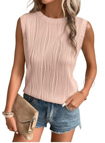 EVALESS WOMENS SLEEVELESS TANK TOPS CREW NECK SPRING SUMMER 2024 FASHION TRENDY LOOSE CASUAL TEXTURED CUTE TOP SHIRTS FOR GIRLS PINK SMALL