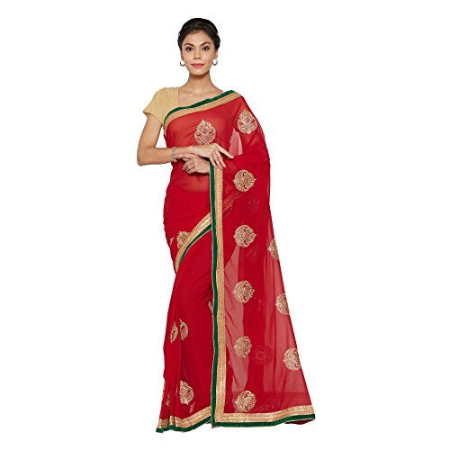 Viva N Diva Red Georgette Saree With Unstitched Blouse Piece