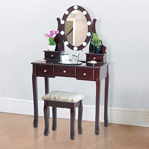 Fineboard Dressing Table with Stool and LED Lights with 5 Drawers and Mirror, Brown
