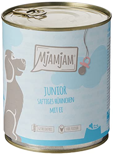 MjAMjAM - Nourriture humide premium pour chiens - Junior poulet juteux avec œuf, paquet de 6 (6 x 800 g), naturel avec viande supplémentaire