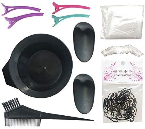 GCOA 11 Pieces Hair Dye Coloring DIY Salon Tool Kit - Dye Brush Comb Mixing Bowl Ear Caps Salon Apron Disposable Gloves Sectioning Clips and Elastic Hairbands