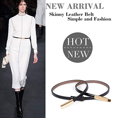 2 PACK WERFORU Women Patent Skinny Thin Leather Waist Belt with Golden Buckle (Black+Brown, Waist Size below 40 Inches)