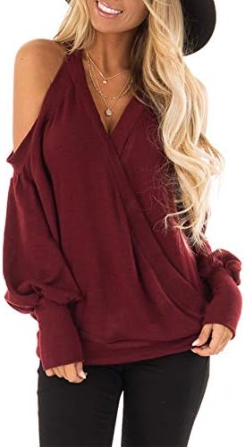 Women's Cold Shoulder Tops Long Sleeve Deep V-Neck Wrap Front Blouse Loose Pullover