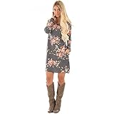 Xuan2Xuan3 Women Floral Print Long Sleeve Tunic Loose Casual Short Shirt Mini Dress