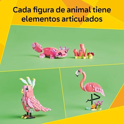 Creator 3 en 1 Fauna Salvaje: Flamenco Rosa de Juguete - Transformable en Cacatúa o Ajolote - Juego con Figuras Articuladas de Animales - Regalo de Cumpleaños para Niñas y Niños de 8+ Años 31170