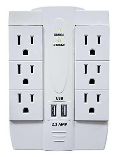6 AC Outlet Power Surge Protector with 2 Ports USB Wall Charger 2.1Amp and Swivel Sockets - White - //coolthings.us