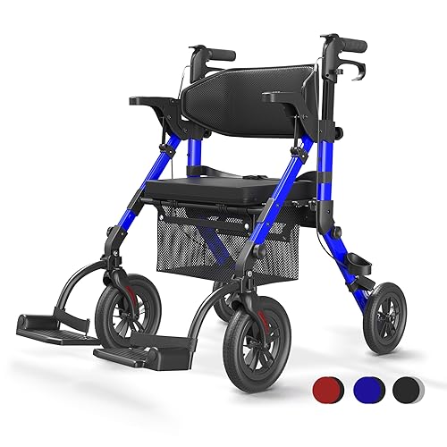 VOCIC 2 in 1 Rollstuhl Rollator Faltbar Leicht mit Sitz,Outdoor Gummireifen