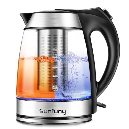 Electric Glass Water Kettle,1.7L Hot Water Boiler w/Filter, Blue LED Light | 2200W Tea Kettles with Stainless Steel Lid, Auto Shut-Off, Fast Boiling Transparent Heater Teapot for Home, Office, Kitchen