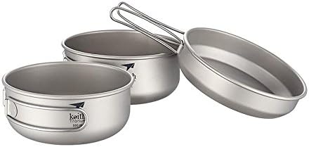 Keith Ultralight Titanium Pot Set only 0.25kg Porable Camping Pots and Pans with Folding Handle Cookware 500ml+550ml+680ml Cooking Set for Camping, hiking,Backpacking, Travelling
