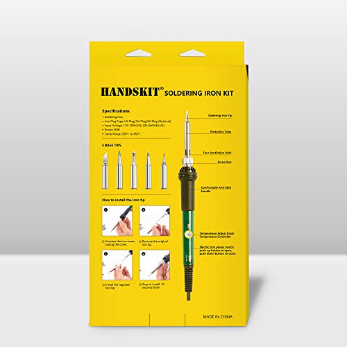 Soldering Iron Kit,HANDSKIT Solder Iron Electronics Soliding Welding Tools 60W Temperature Adjustable Soldering Ironing Stand,Solder Sucker,Desoldering Pump,Soldering Tips,Tweezers,Screwdriver (Green)