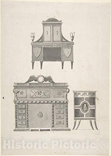 Historic Pictoric Artwork Print : Nameless – Designs for Furnishings in a Variation on The Type of Thomas Sheraton, a breakfront, a Sideboard, and a Low Cabinet : Classic Wall Décor : 24in x 36in
