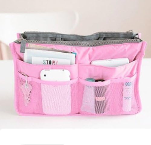 Nylon Handbag Insert Comestic Gadget Purse Organizer, Expandable w/ Handles (Pink)