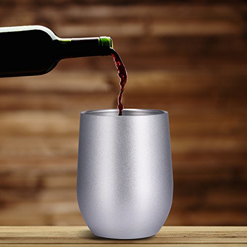 Skylety 12 oz Double-insulated Stemless Glass, Stainless Steel Tumbler Cup with Lids for Wine, Coffee, Drinks, Champagne, Cocktails, 2 Sets (Bright Silver)
