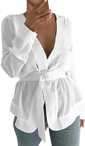 Mikilon Casual Womens Long Sleeve Loose T-Shirt V Neck Button Down Tops Blouse with Belt