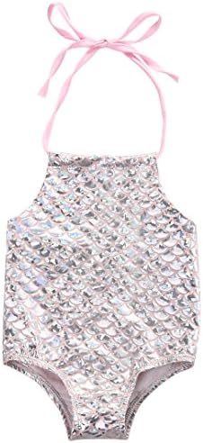 Baby Girl's Fish Scale Mermaid Romper Swimsuit One-piece Children Bling Bling Bikini Bathing Suit (3-4 Years, Pink)