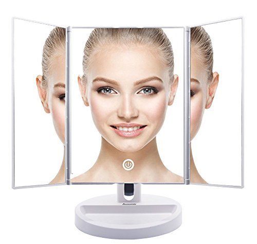 Auxmir Trifold LED Lighted Makeup Mirror, Vanity Mirror with 10X Magnifying Spot Mirror, Dimmable, Touch Screen, Auto Off, 180Â° Rotation Tabletop Cosmetic Mirror for Makeup, Shaving and Facial Care