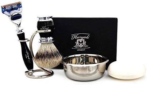 Haryali London, 4 pcs Shaving Set for Men, Synthetic Silvertip Shaving Brush with 5 Edge cartridge Razor