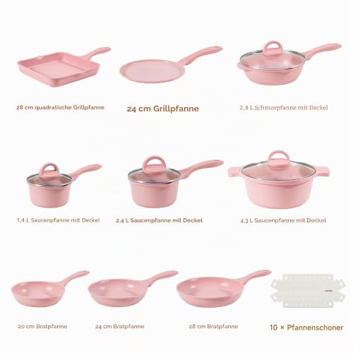 JEETEE Pan Set 23 Pieces Non-Stick Cookware Set for Induction and All Hobs with Glass Lids, Frying Pans, Sauté Pan, Crepe Pan and Grill Pan