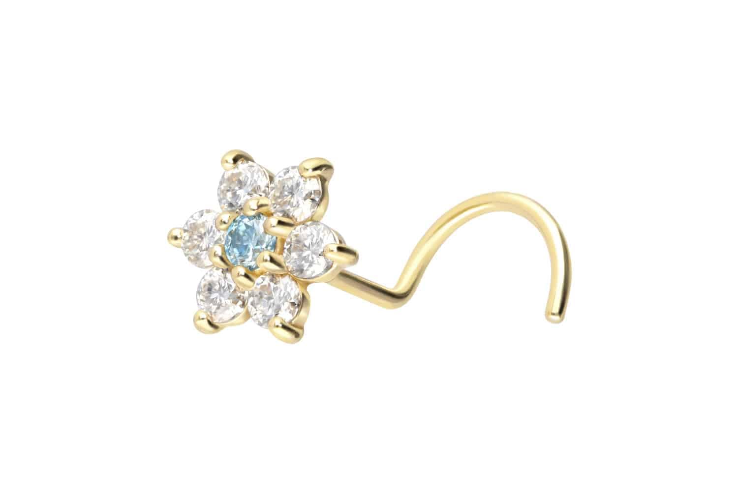 PIERCINGLINE 18K Gold Curved Nose Stud | FLOWER with Crystal | Nostril Piercing in 18 K Yellow Gold