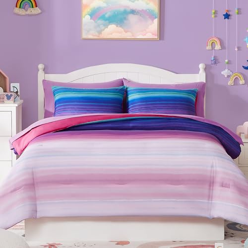Wink Deer Rainbow Striped Kids Bedding Sets, 7 Piece FullComforter Set with Sheets, Gradient Rainbow Cute Bedding for Girls, Full Bed in a Bag(Full, 76" X 86")
