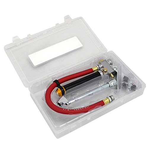 EXELAIR EX0510BKIT Analog Bayonet Tire Inflator Gauge Kit - 13" Air Hose, Dual-Foot Chuck, and Tire Valve Accessories - 120 PSI