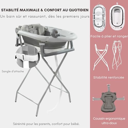 cozzeo Foldable Baby Bathtub with Baby Care Kit - Bath Toys and Rinse Cup - Foldable Bath Tub with Stable Stand - 9-in-1 Complete Bath Kit