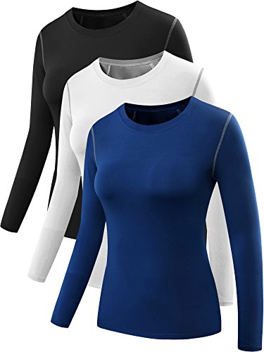 Neleus Women's 3 Pack Dry Fit Athletic Compression Long Sleeve T Shirt,Black,Blue,White,Small