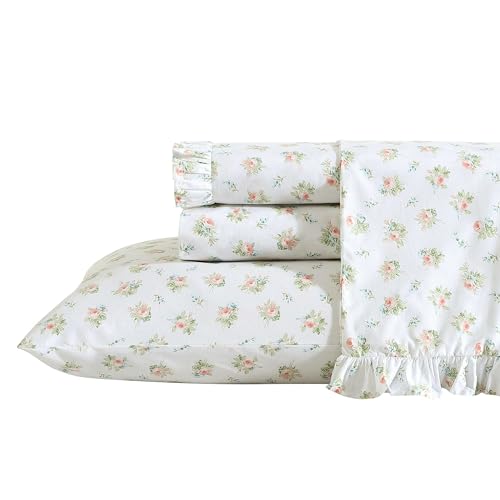 Laura Ashley - Queen Sheet Set, Breathable Percale Cotton Bedding, 200 Thread Count, Floral Home Decor (Roseford Orange, Queen)