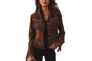 Women’s Fringe Jacket Faux Suede Western Cowgirl Tassel Button Up Long Sleeve Lapel Vintage Outerwear